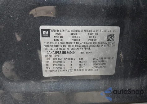 2017 Chevrolet Trax Lt z USA, uszkodzony, nr VIN 3GNCJPSB1HL249494